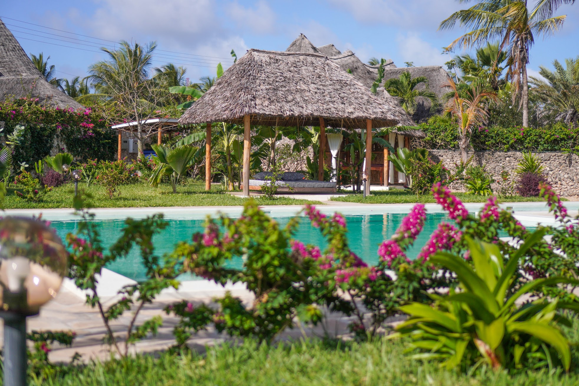 bed swing flowers as foreground