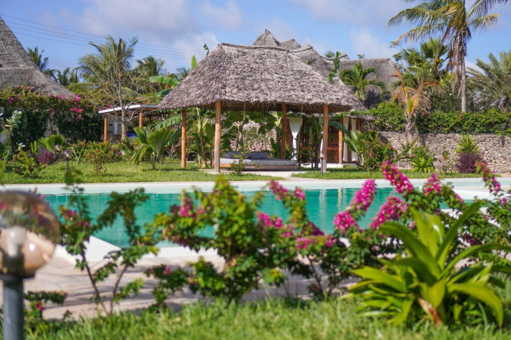 bed swing flowers as foreground